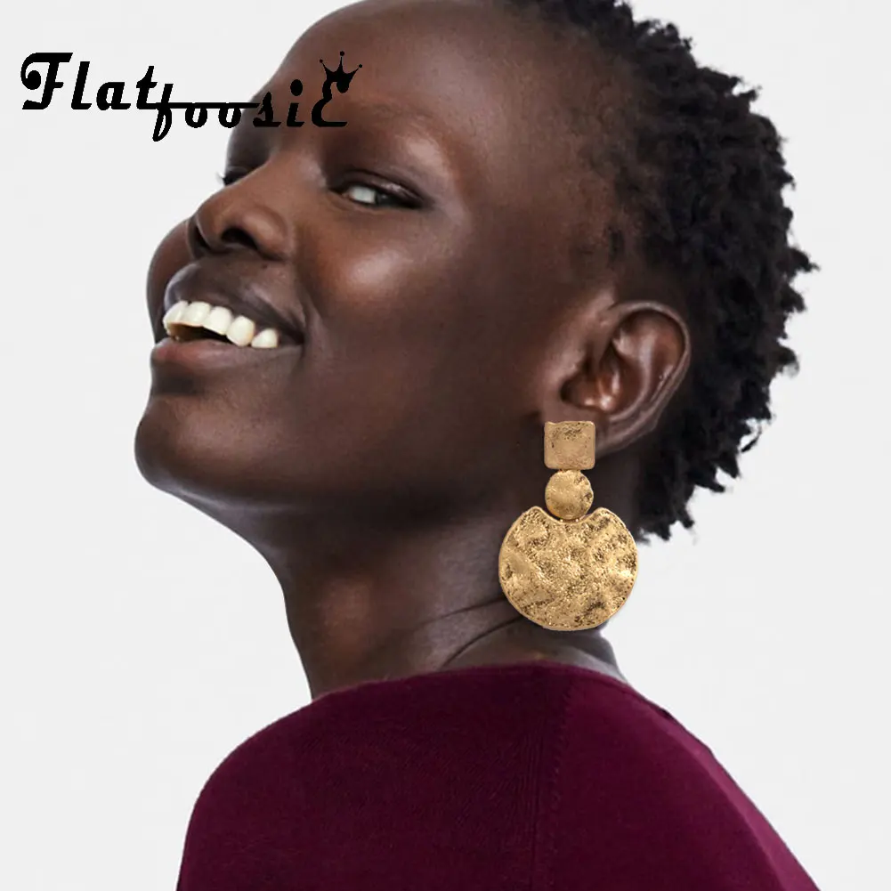 

Flatfoosie ZA Golden Geometric Dangle Earrings For Women Boho Vintage Silver Color Antique Statement Round Drop Earring Jewelry