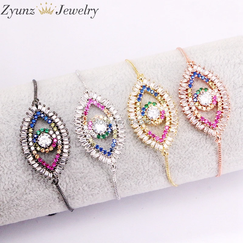 

5PCS ZYZ330-2738 Colorful Eye Bracelets CZ Zircon Stone Paved Link Chain Adjustable Bracelet Fashion Jewelry