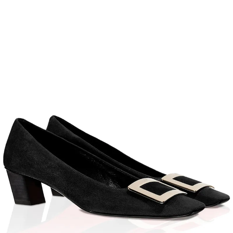 

Luxury Genuine Leather Sheepskin Square Buckle Metal Decoration Women's Singles Shoes Velvet Women Casual Shoes Middle heel