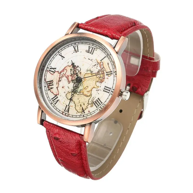 Novelty Map Pattern PU Leather Women Watches Retro Luxury Casual Quartz
