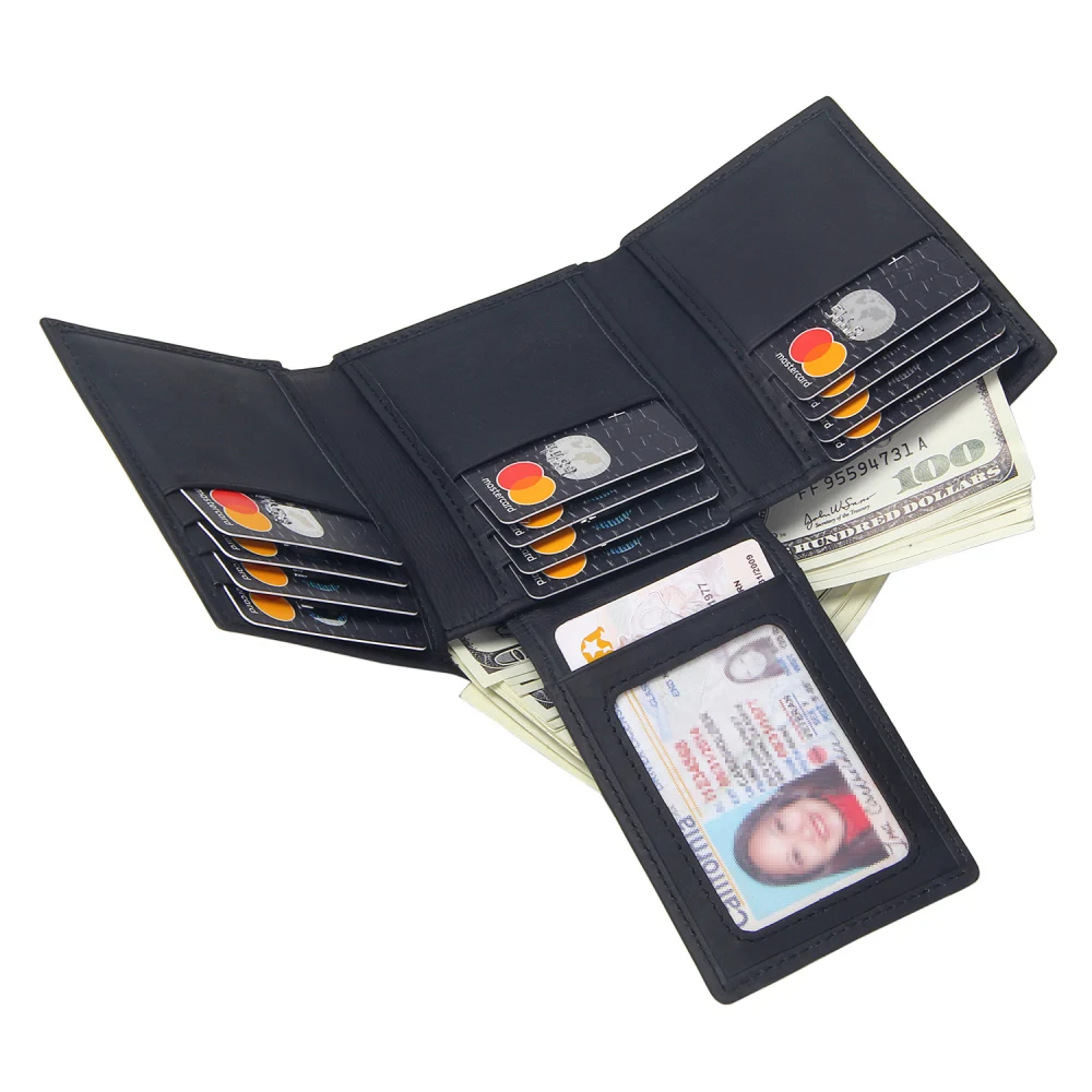 RFID мужские бумажники черные кошельки из натуральной кожи тройного сложения