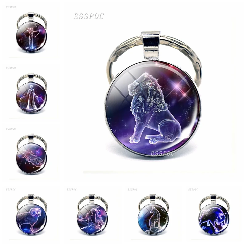 12 Constellation Keychain Zodiac Signs Glass Pendant Scorpio Sagittarius Capricorn Aquarius Alloy Keyring Jewelry Birthday Gifts