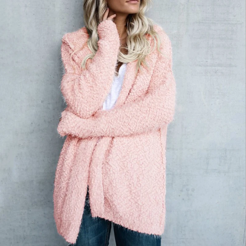 Winter Women Coat Loose Long Sleeve Outerwear Solid Long Cardigan Plush Warm Coat