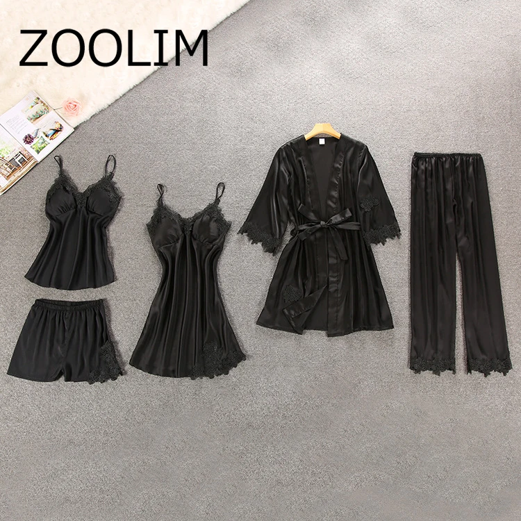 ZOOLIM/женская пижама из 5 предметов атласная шелковая Домашняя одежда домашняя с
