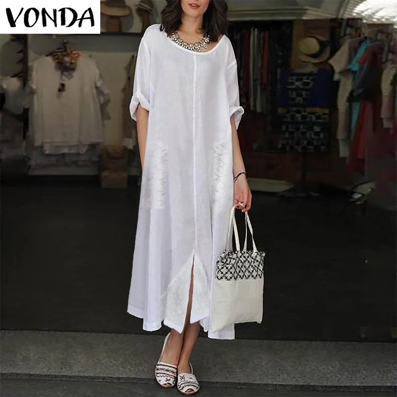 

VONDA Women White Dress 2019 Autumn Sexy Long Maxi Party Dresses Vintage Lace Patchwork Split Hem O Neck Half Sleeve Vestidos