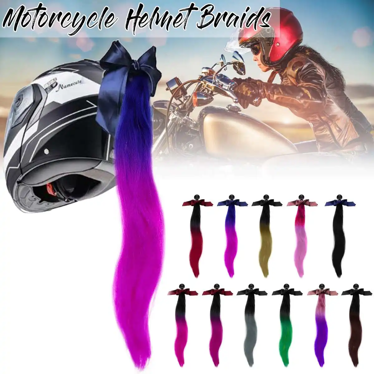 

24" Motorcycle Bike Gradient Ramp Helmet Horn Sucker Removable Braid Pigtail Ponytail