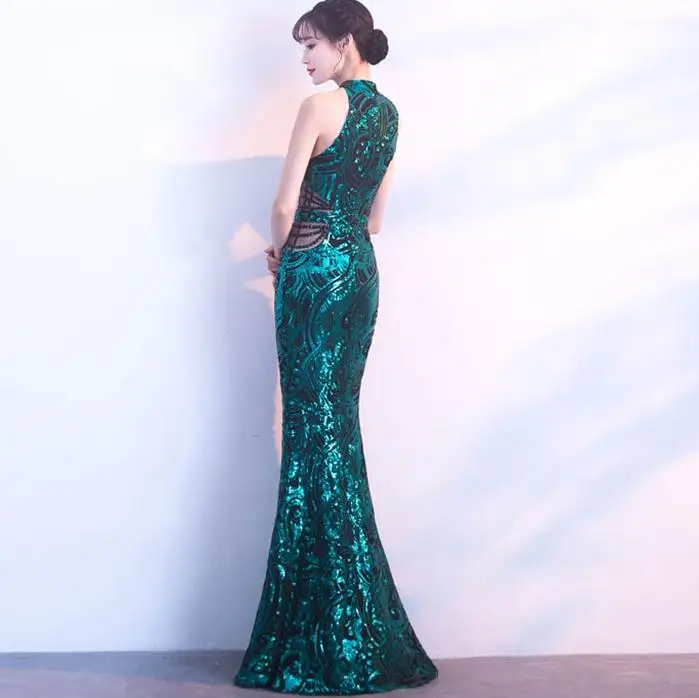 SVKSBEVS 2019 Elegant Halter Sequined Bodycon Mermaid Long Dresses Party Crystal Hollow Out Zipper Back Maxi Dress