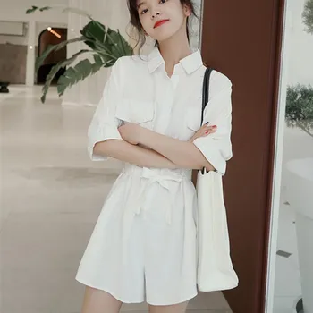 

Women Short Sleeve Summer Jumpsuits 2019 New Casual Playsuits Solid Purple White Wide Leg Shorts Overalls