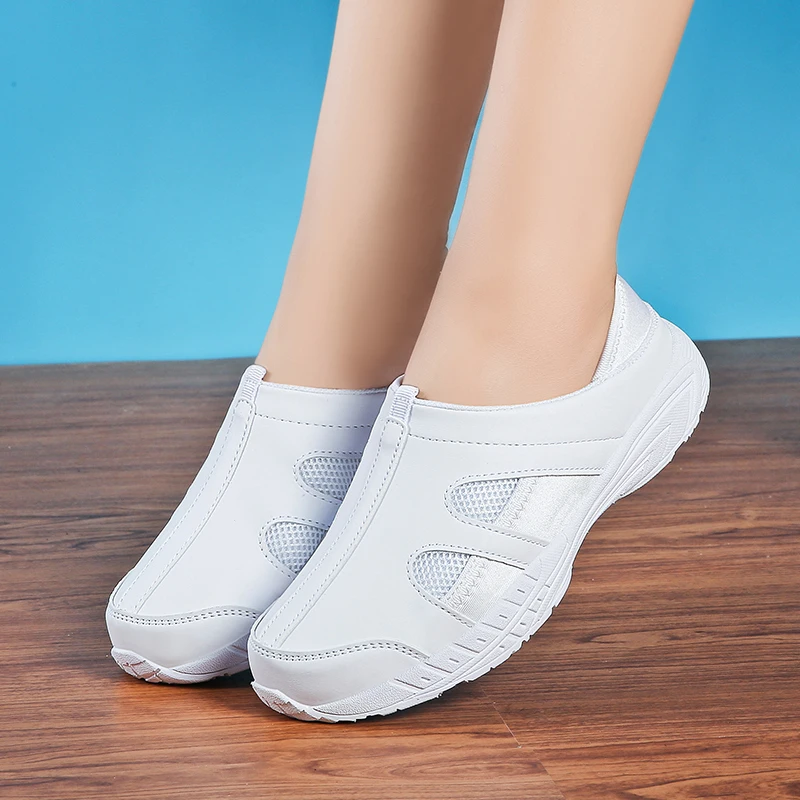 

Pure White Nurse Shoes Women Loafer Flats PU Leather Soft Casual Work Shoes Breathable Slippers Slip On Air Cushion Big 35-42