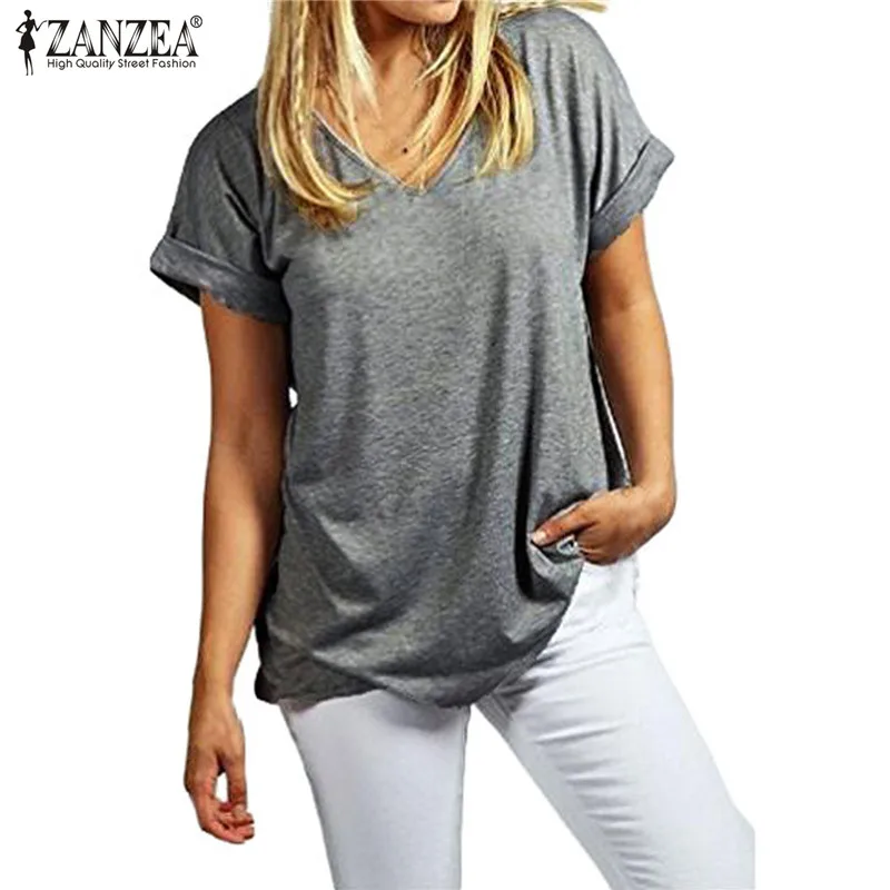 الصلبة بلوفر ملون T قميص المرأة Zanzea 2019 الصيف عارضة فضفاض قصيرة الأكمام قمم المحملات القطن مثير تي شيرت برقبة على شكل v زائد حجم