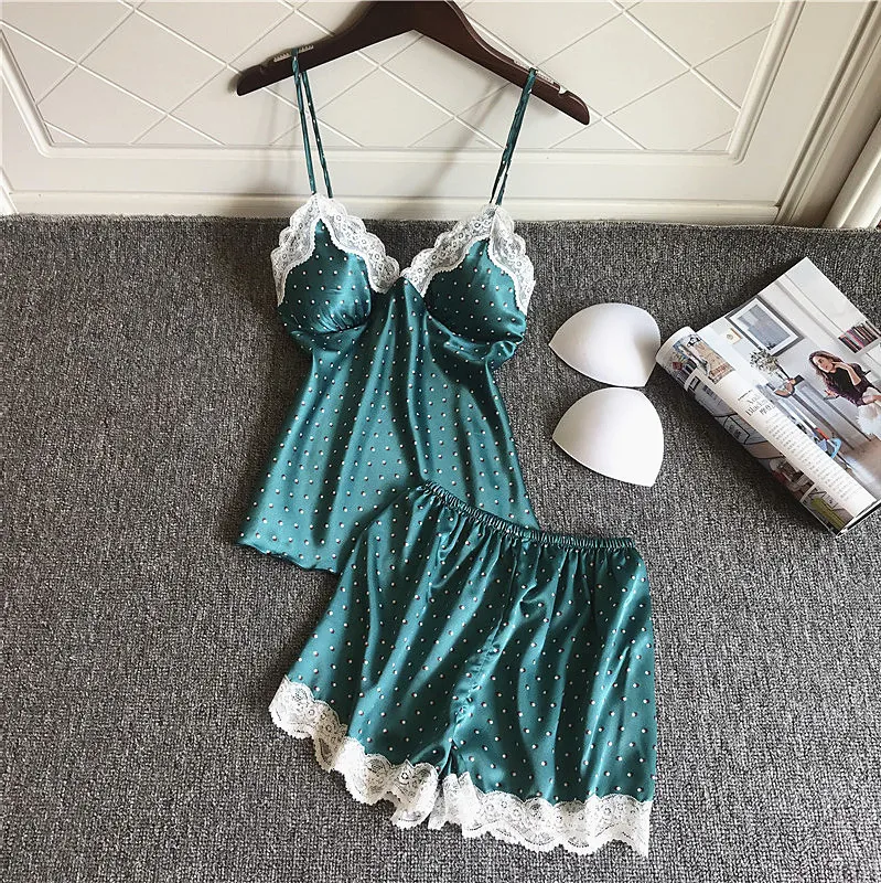 

2019 Satin Pyjamas Women Pajamas Sets With Shorts Flower Print Sleeveless Silk Sleepwear Pijama Nightsuit Chest Pads
