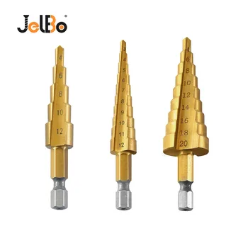 

JelBo 3PCS 3-12/4-12/4-20MM Step Drill Bits HSS Titanium Coated Step Cone Cutting Tools for Woodworking Wood Metal Drilling Set