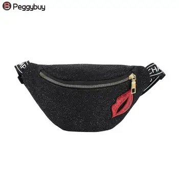

Fashion Women Waist Pack Red Lip Pattern Bling Travel Messenger Chest Zipper Cute Lip Women Fanny Pack