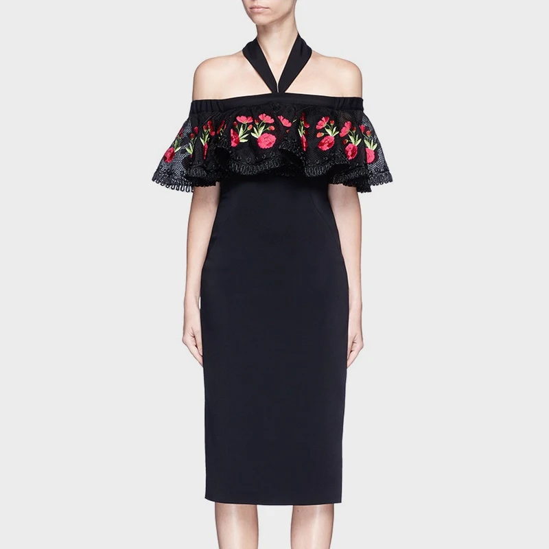 

Banulin 2019 Runway Summer Halter Off Shoulder Floral Embroidery Lace Elegant Dress Wedding Party Sexy Night Club Bodycon Dress