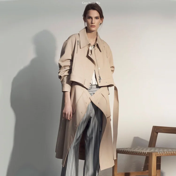 

SHENGPALAE 2019 New Winter Pattern Beige Women's Autumn Short Long Dual Purpose Windbreaker EuropeanRemovable Loose Coat FI773