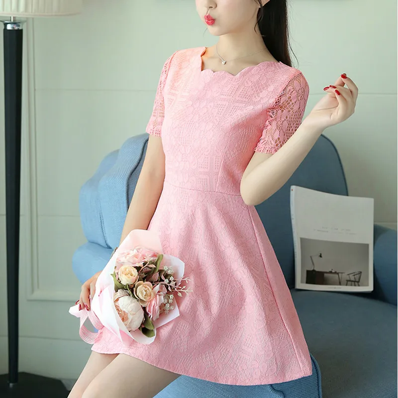 

Women Summer Dress Fashion Elegant Lace A-line Dresses For 2019 Short Sleeve Mini Pink Blue Red Party Sundress