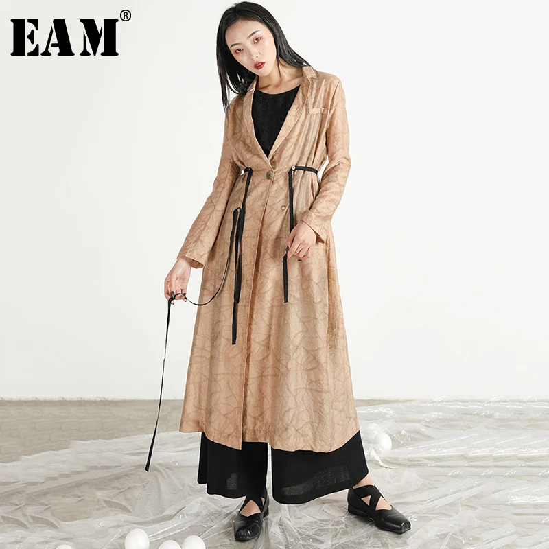 

[EAM] 2019 New Autumn Winter Lapel Long Sleeve Black Thin Ribbon Split Joint Loose Long Windbreaker Women Trench Fashion JR331
