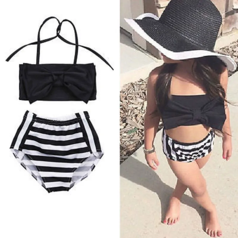 

Baby Kids Girl Bikini Set Swimwear Striped Swimming Bathing Suit Swimsuit Bowknot Crops Tops +High Waist Briefs Swimwear 2-7T