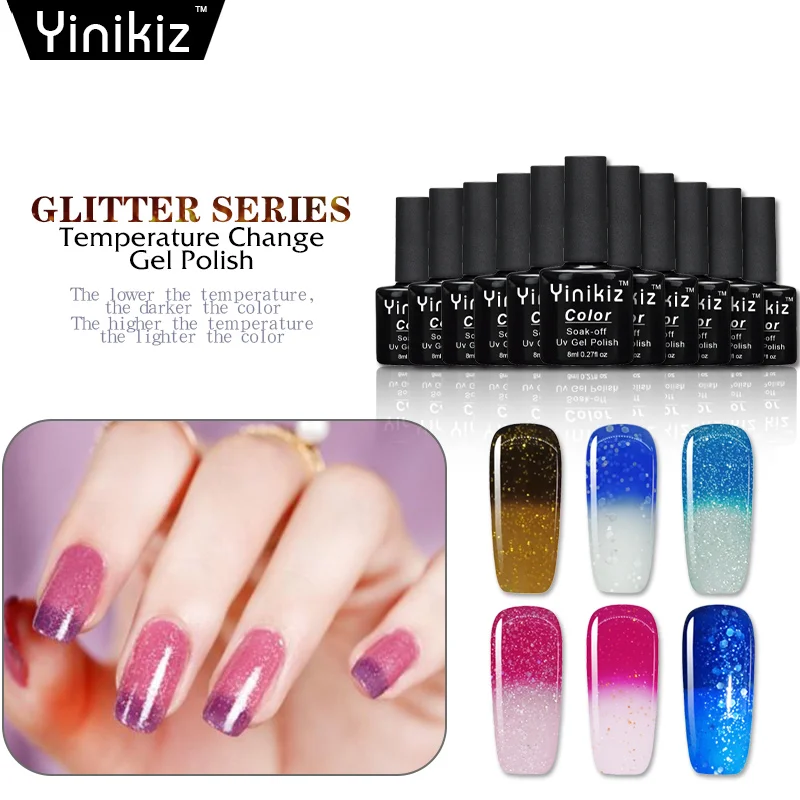 

Yinikiz Holographic Glitter Series Temperature Changing Gel Nail Soak Off UV Gel Semi Permanent Gel Varnishes