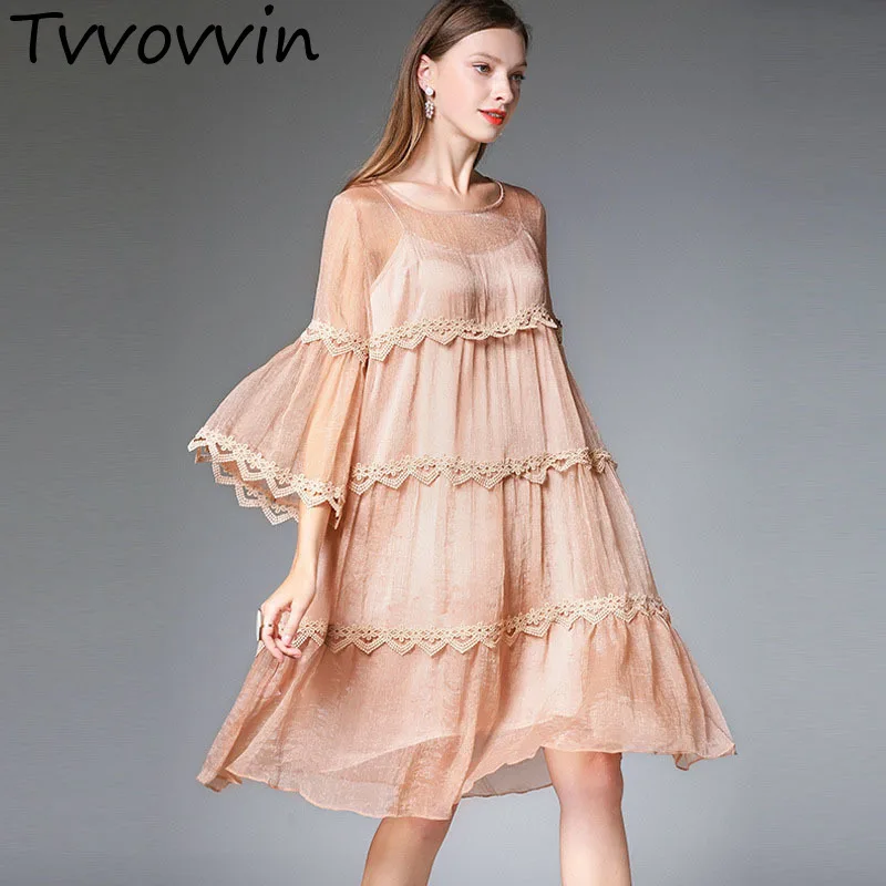 

2019 New Spring Summer Round Neck Three-quarter Sleeve Perspective Chiffon Split Joint Two Piece Dress Women Fashion AS572