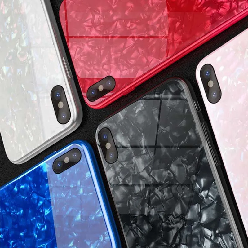 

Shell Pattern Case For iPhone 7 8 Plus X XS Max XR Tempered Glass Back + Soft TPU Silicone Border Case Cover Skin