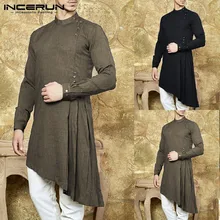 INCERUN, мужской костюм, рубашки с длинным рукавом, мусульманское платье, асимметричный подол, кафтан, Исламская одежда, сорочка, индийский мужской, Aaudi Arabia
