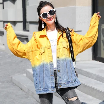 

Fashion personality hit color BF wind denim coat casual simple loose slim lapel straight oblique pocket design Wild jacketFemale