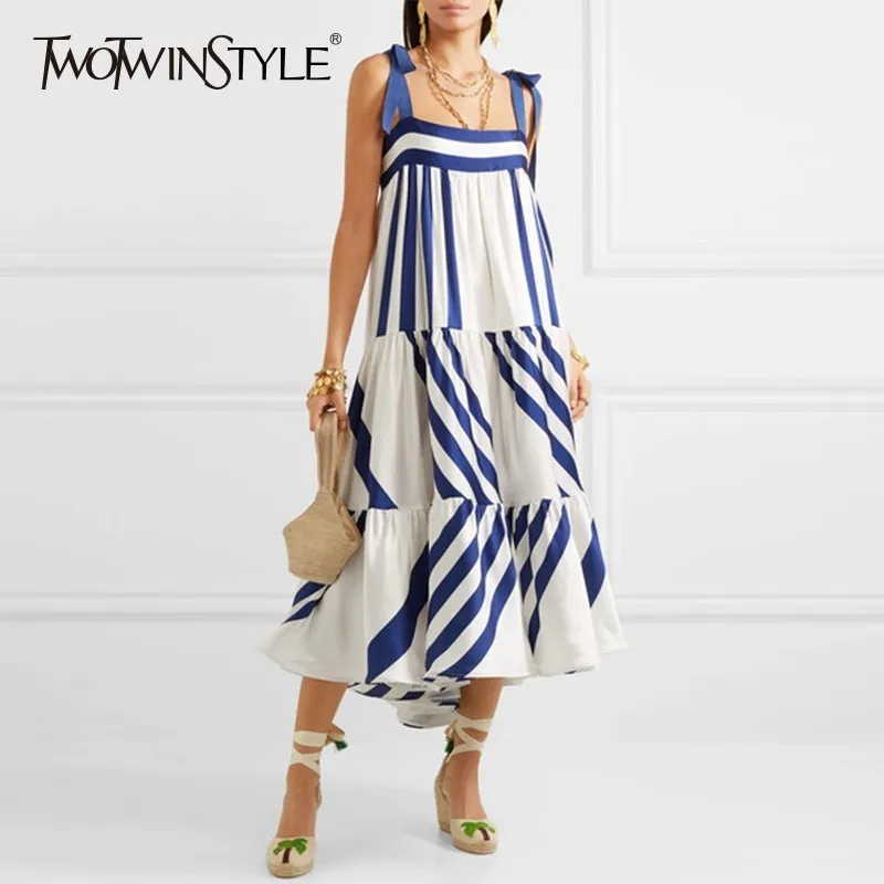 Preise TWOTWINSTYLE Striped Spaghetti Lange frauen Kleider Casual Off Schulter Zurück Weniger Bogen Spitze Up Weibliche Kleidung 2019 Mode