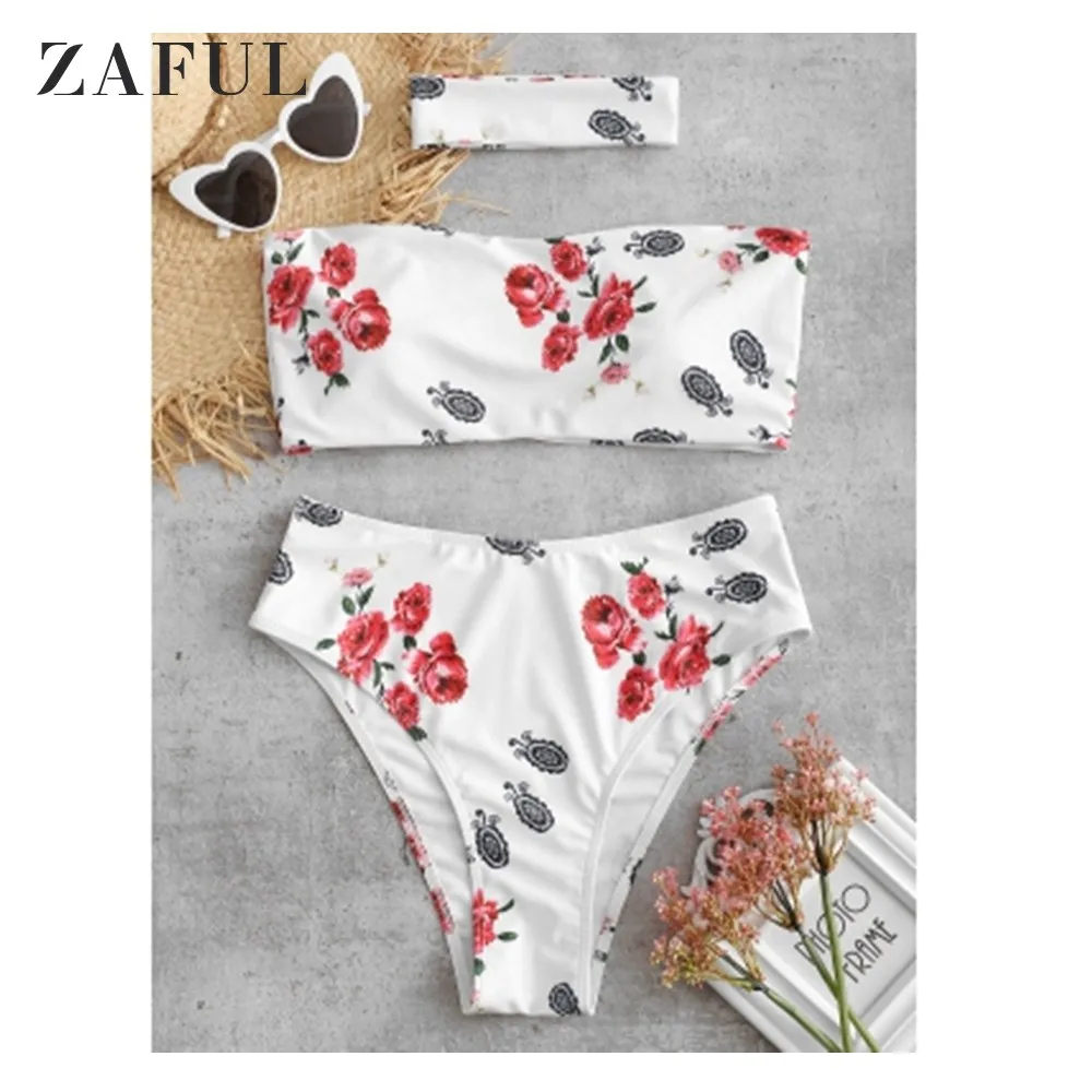 

ZAFUL Women Bikini Set Floral High Rise Strapless Bikini Swimwear Lady Sexy Bikini Swimwear Summer Beach Swimsuit Bathing Suit
