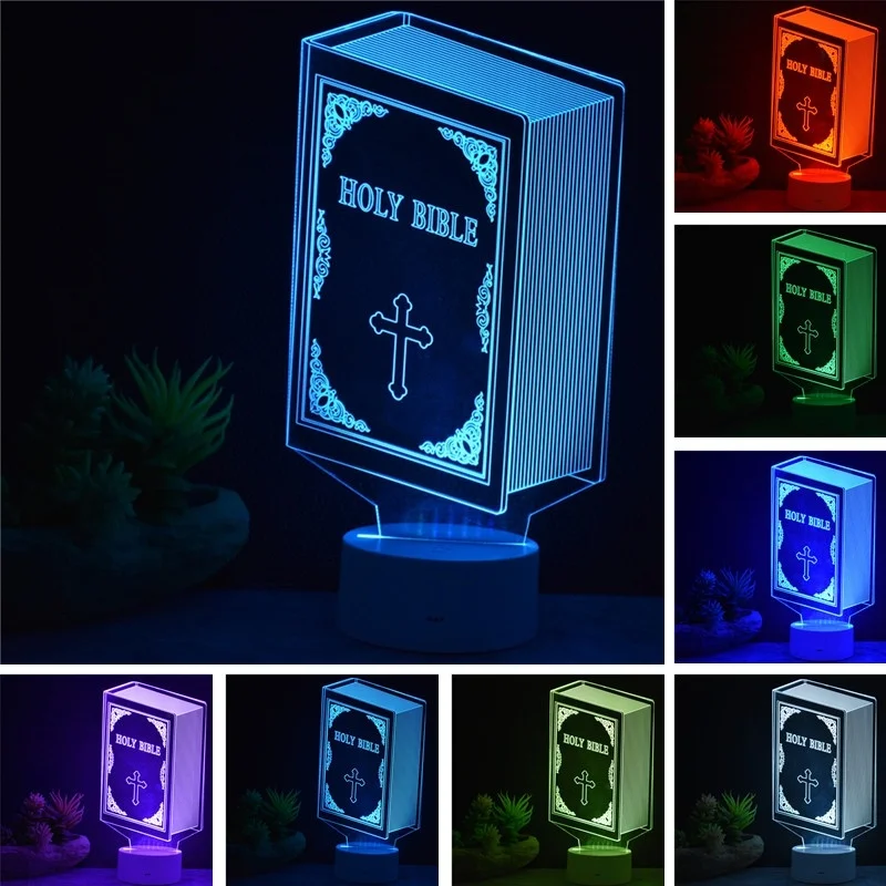 

3D Acrylic Colorful LED Lights Decoration Bible Book Shape 7 Color Change Night Light Table Desk Lamp Gift Home Bedroom Decor
