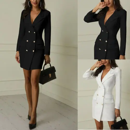 

Women Double Breasted Gold Button Front Black Military Style Modern Career Office Lady Dress