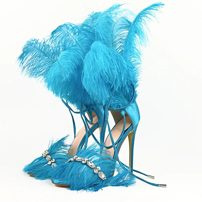 

Moraima snc 2019 summer fashion sexy sandals feather high heel women's shoes rhinestone sandals