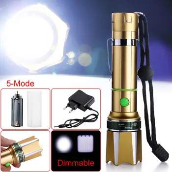 

3000 Lm T6 LED Adjustable Focus Flashlight Torch Gold+EU Charger portable Flashlight outgoing at night camping Emergency Tool