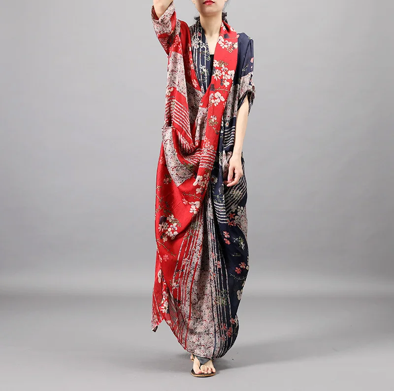 

[EWQ] 2019 Summer Dress New Pattern V Collar Three Quarter Sleeve Hit Color Print Asymmetrical Two Piece Set Dresses Women AE915