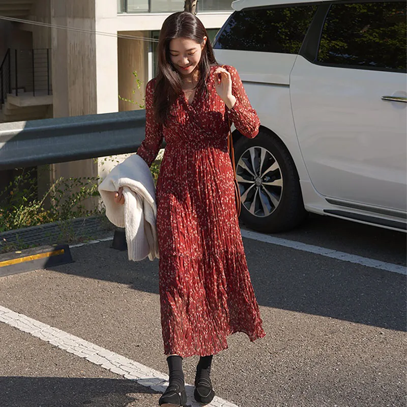 Cena 2019 długie sukienki Design kobiety moda z długim rękawem wąska talia linia Temperament Lady vintage, w kwiaty drukuj sukienka vintage 7912