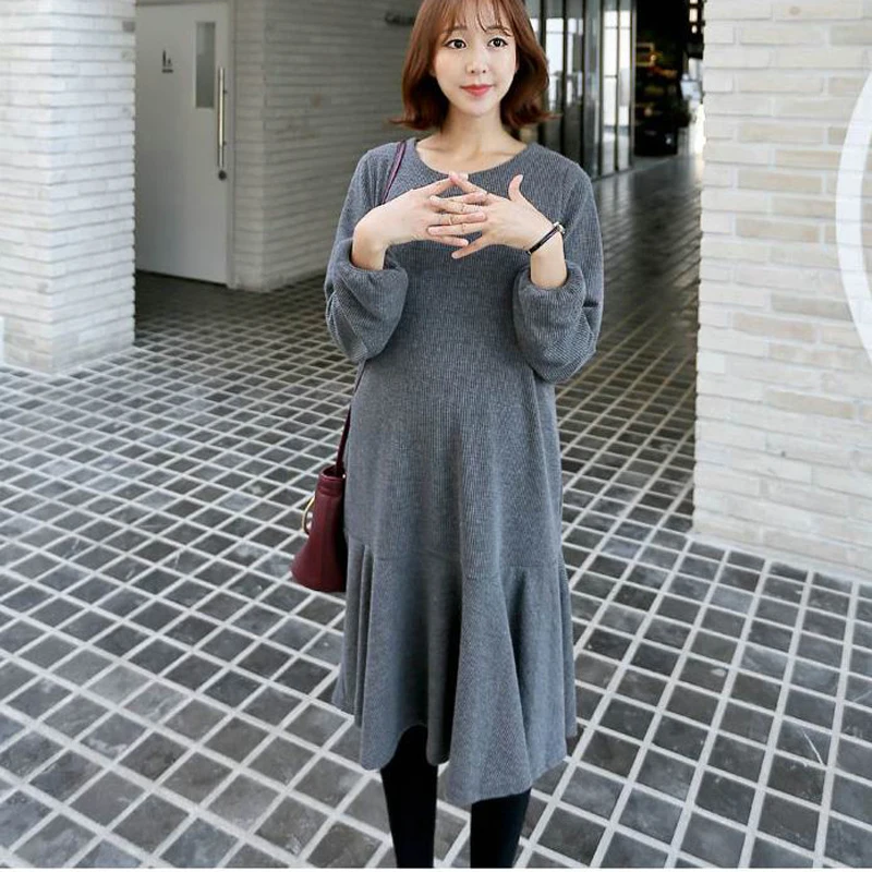 

2019 New winter pregnant women dress hubble-bubble sleeve loose maternity ruffles patchwork solid color cotton ruffles dresses