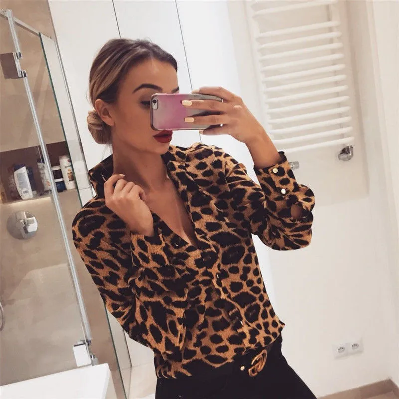 

Fashion Casual Loose Women Leopard Print Long Sleeve V-Neck Summer Blouse Button Front Shirts Tops Autumn Clothes