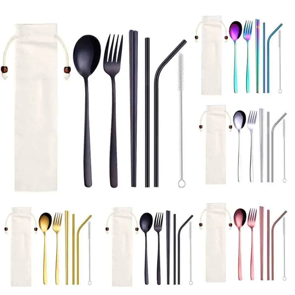

high quality Creative Stainless Steel Dinnerware Set Metal Straw Spoon Fork Chopsticks Tableware For Travel Outdoor Picnic Bbq