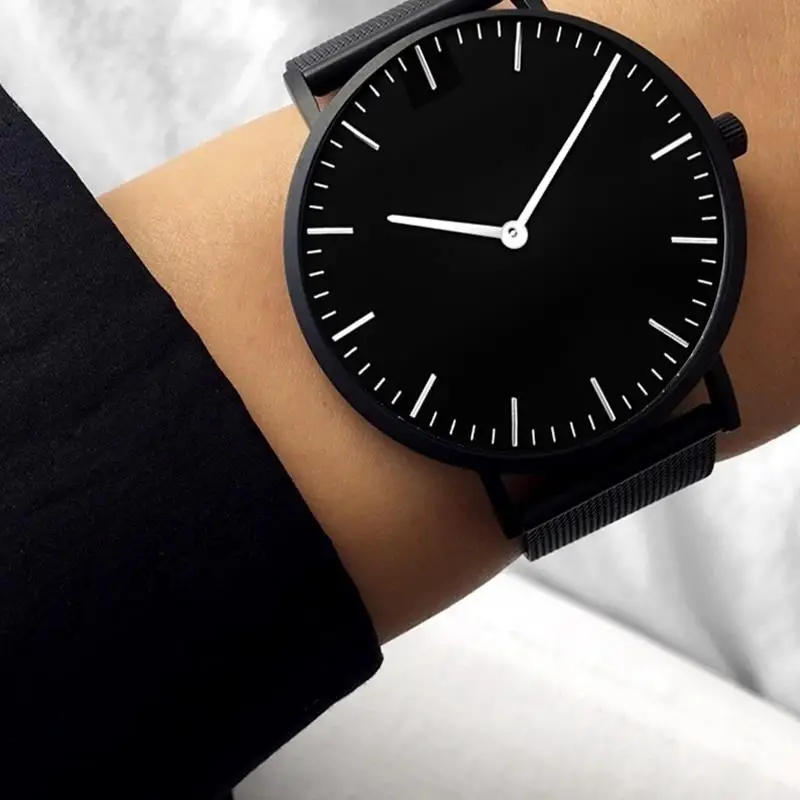 Женские черные модные часы reloj mujer с сетчатым ремешком из нержавеющей стали