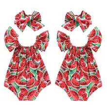 Комплект из 2 предметов; Модный хлопковый Летний комбинезон с рукавами «арбуз» для маленьких девочек; комбинезон; костюм для подвижных игр+ повязка на голову; комплекты летней одежды