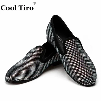

Cool Tiro White Rhinestone Men Loafers Strass Flat Slippers Smoking Shoes Black Suede Men's Dress Genuine Leather Casual Shoes