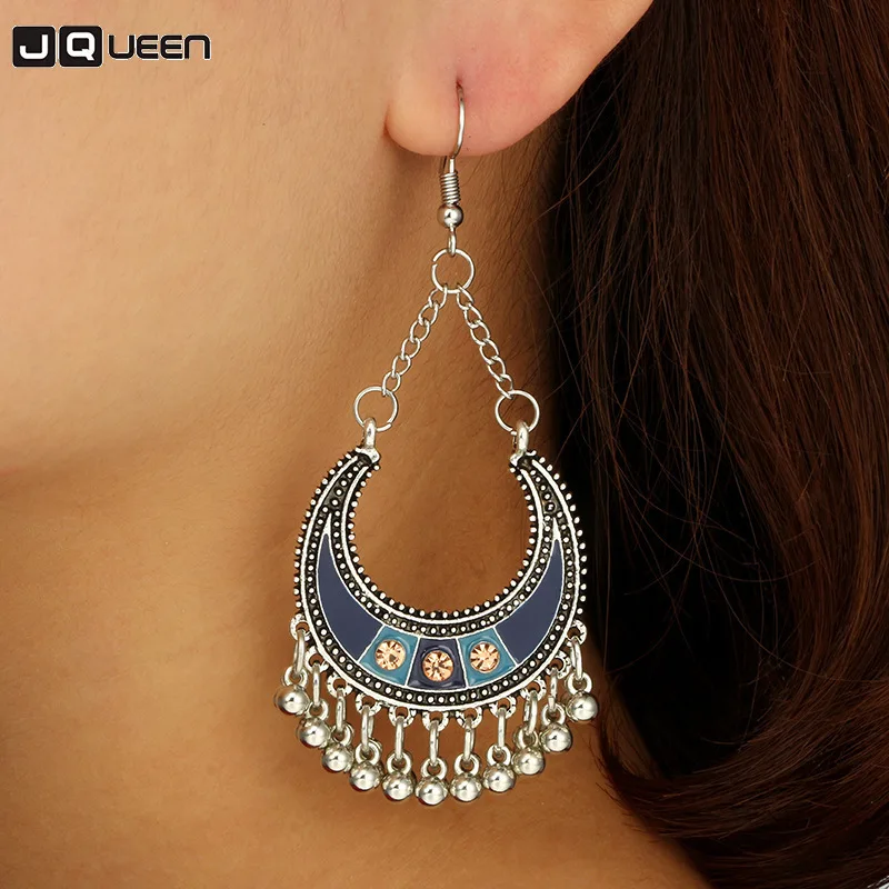

Gypsy Ethnic Egypt Silver Tassel Fringe Pendientes Hippie Earrings Statement Jhumka Jhumki Moon Shape Drop India Turkish Jewelry