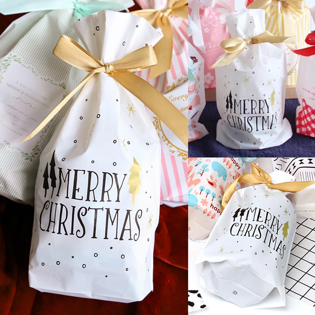 50Pcs Treat Bags Gold Print Drawstring Plastic Favor Bags Plastic