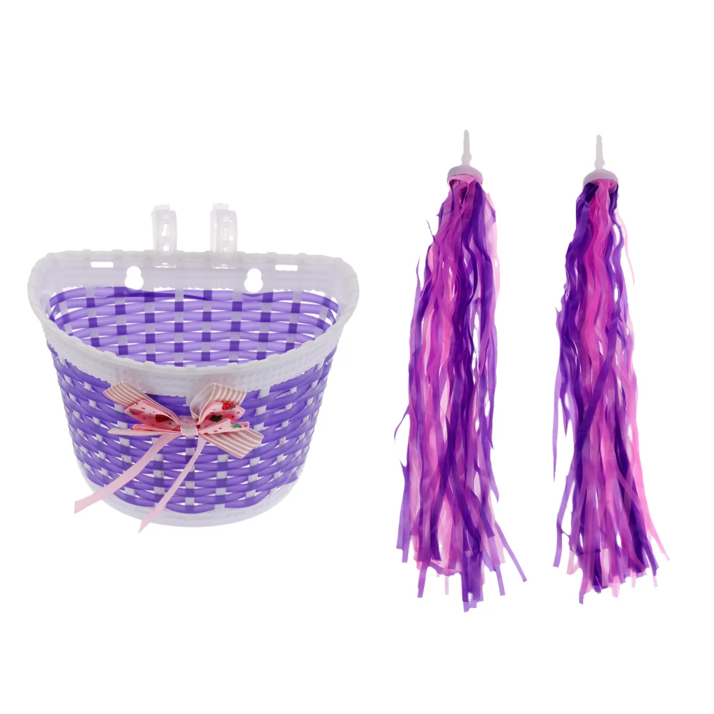 

Girls Bike Front Basket Children Bowknot Shopping Holder Case + Bike Scooter Streamers Purple Bicycle Basket Kids