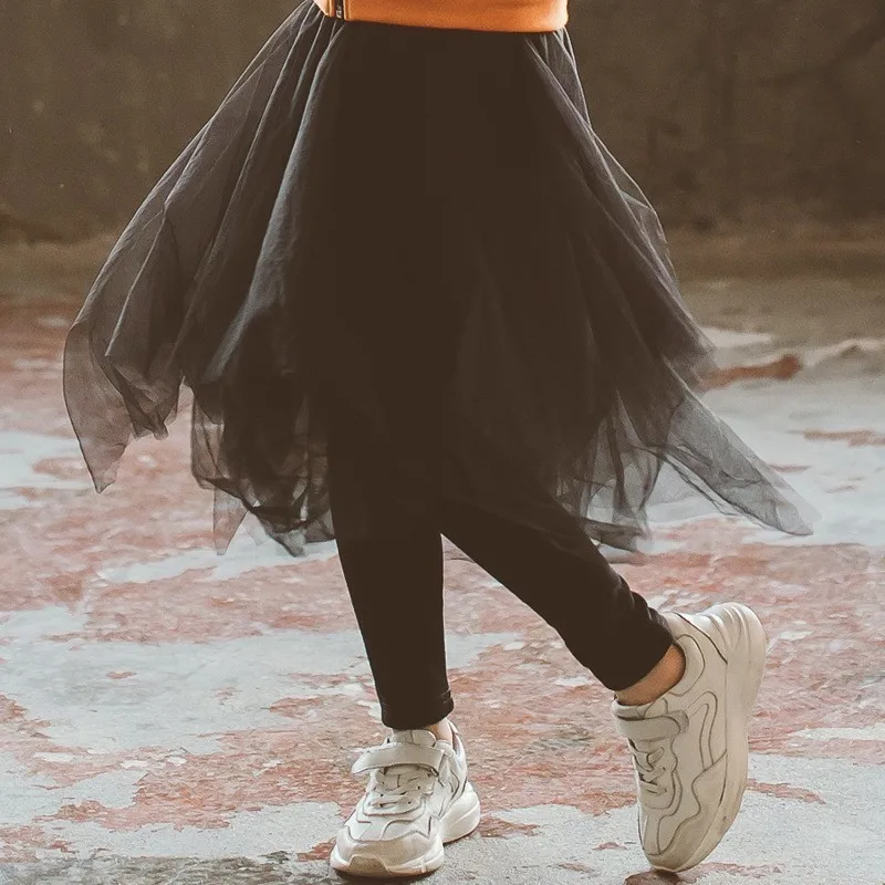 

Warm Little Kids Autumn Winter Pants For Girls Legging Thick Black Long Pants With Mesh Skirts Grls Trousers Teenage Clothing