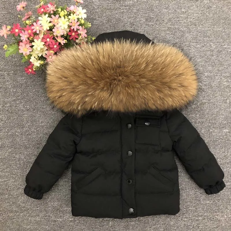 

Kids Down Jacket Winter Girls Boys 90% White Duck Down Thick Warm Big Fur Hoodies Coat Baby Children -30 Pocket Outwear
