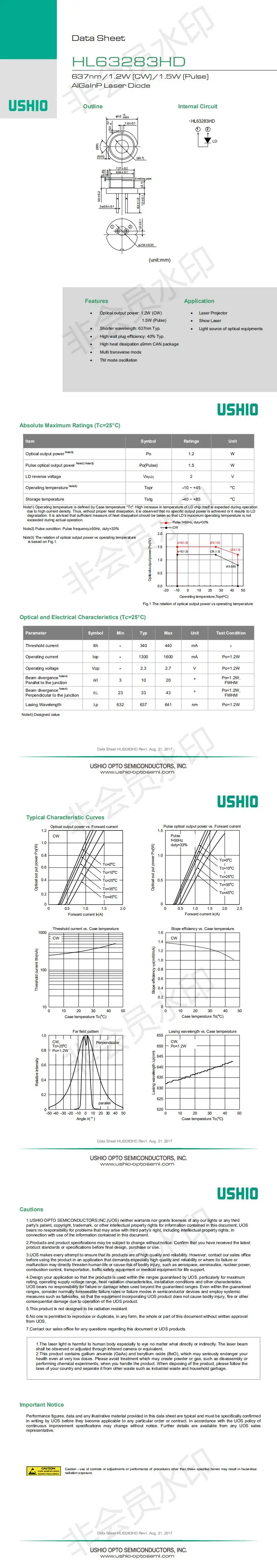 USHIO 638nm 1,2 Вт CW 1,5 Вт импульсный красный лазерный диод LD Opnext Oclaro TM режим