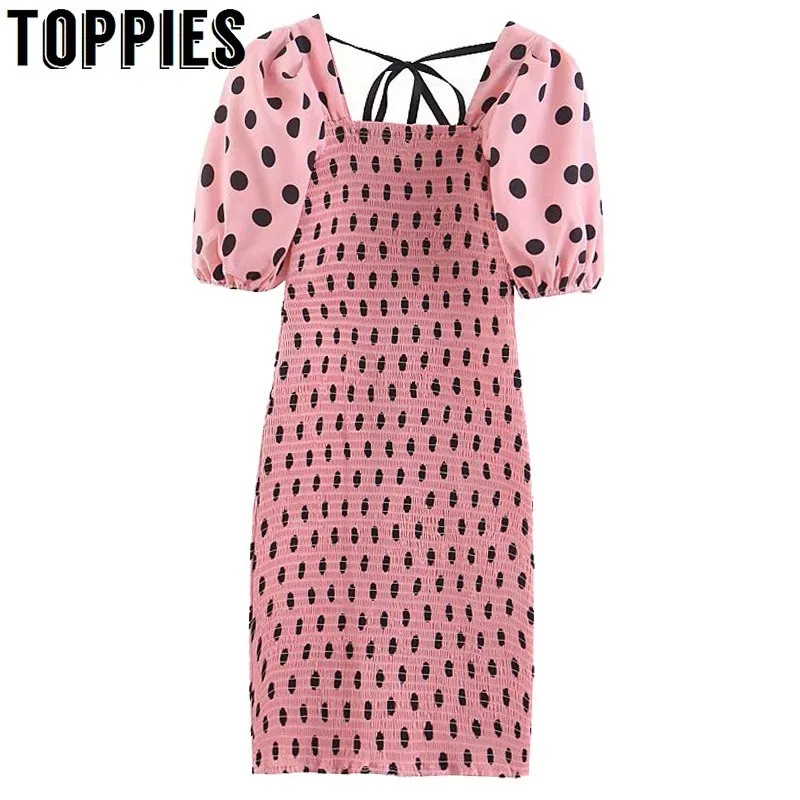 

2019 Pink Party Dress Puff Sleeve Square Collar Gothic T-Shirt Summer Polka Dot Printing Pencil Mini Dress Elastic Slim Bodycon