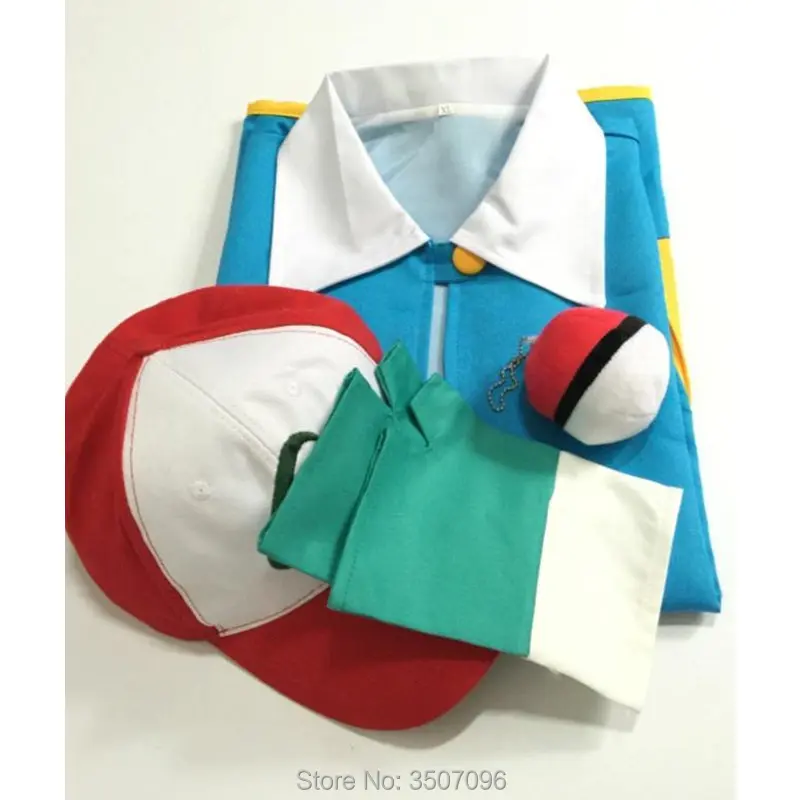 

Anime Ash Ketchum Cosplay Costumes Pocket Monster Jacket Gloves Hats Caps Ash Ketchum Ball Full Set Clothes Drop shipping