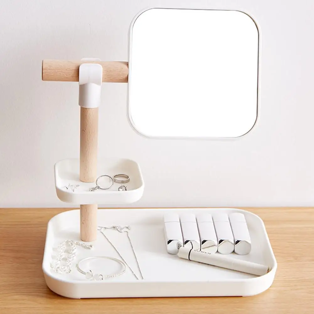 

Desktop Plastic Makeup Organizers Wooden Storage With 360 Degree Rotating Mirror Cosmetic Storage Quick Delivery